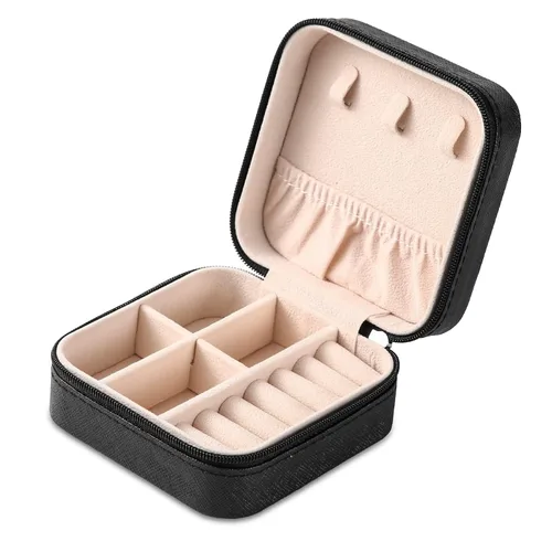 Mini joyero portátil de viaje de cuero para joyas, organizador de anillos, caja de regalo de almacenamiento, para niñas y mujeres (negro).