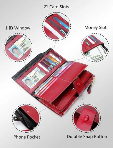 Miniatura 4 de DemonHunter Cartera de piel auténtica con bloqueo RFID de gran capacidad para mujer DZA2083 DZA2083J x Borgoña Cartera RFID
