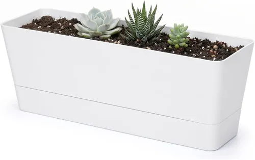 GREANER - Maceta con bandeja para hierbas, 1 unidad, 12 x 3.8 pulgadas, caja rectangular para ventana, para flores o suculentas en interiores,