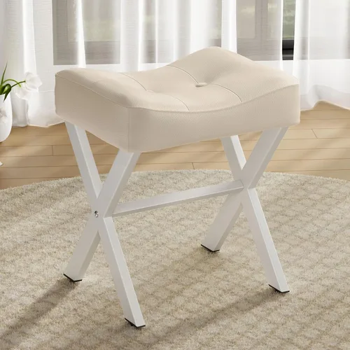 Miniatura 22 de Memobarco Taburete Silla de Tocador de 18 Pulgadas, Banco de Tocador con Patas en X de Metal, Taburete Otomán de Acento con Tela Bouclé Transpirable