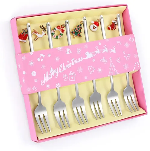 Miniatura 10 de Juego de cubiertos dorados de Navidad para postre, cubiertos de acero inoxidable, 6 piezas, utensilios de aperitivo con mango de abalorios