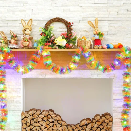 Miniatura 4 de Chuangdi Guirnalda de oropel de Pascua de 16.4 pies con tira de luces LED, guirnalda de alambre metálico con alambre metálico, decoración