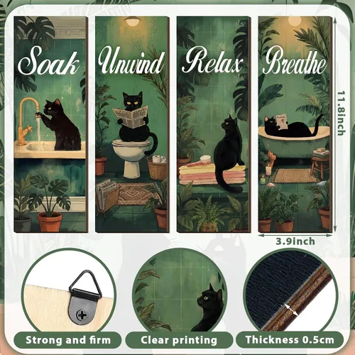 Miniatura 4 de Honoson 4 piezas de arte de pared de baño de gato negro y verde, decoración de pared de baño en negro y verde, para remojar y relajar, respirar