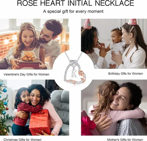 Miniatura 5 de Collares de plata de ley S925 con forma de corazón rosa, regalos para mujeres, collar con dije de letra inicial de corazón de circonita cúbica