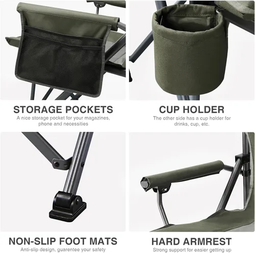 Miniatura 7 de EVER ADVANCED Silla de campamento plegable de gran tamaño, para adultos, silla de césped resistente con bolsillos laterales, silla cuádruple Verde