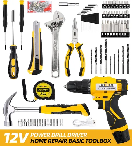 Miniatura 2 de DOWELL Kit de herramientas de 147 piezas con taladro inalámbrico de 12 V con portabrocas sin llave de 3/8 pulgadas para el hogar, hombres, LED