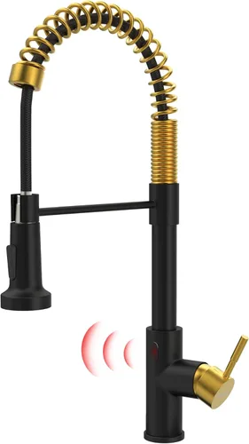 GIMILI Grifo de cocina sin contacto negro y dorado con rociador extraíble, sensor de movimiento, grifo activado manos libres para fregadero de cocina