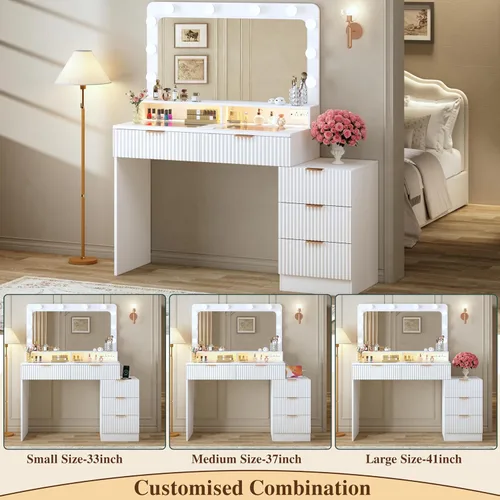 Miniatura 3 de HUAHUU Escritorio de tocador acanalado con espejo y luces, escritorio de maquillaje con parte superior de cristal, mesita de noche y diseño de panel