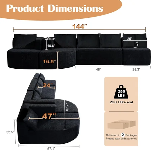 Miniatura 2 de Sofá modular modular de 144 pulgadas, sofá de nube en forma de U de gran tamaño, color negro No Assembly Required • 22" Deep Memory Foam Seat •