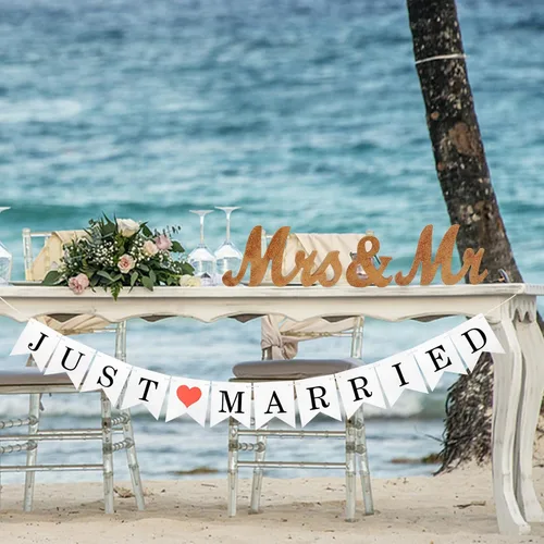 Miniatura 3 de Letras de madera y pancarta para boda - Just Married & Mr. & Ms. Decoración - Oro champán
