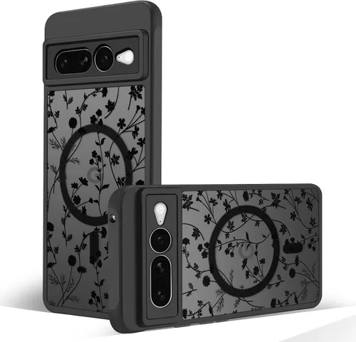 Miniatura 18 de Funda magnética para Google Pixel 10A [Compatible con MagSafe] Funda con patrón floral de flores negras para mujeres y niñas, con borde de TPU Rama