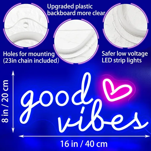Miniatura 4 de HOHOSIGN Letreros de neón azul de buenas vibraciones para decoración de pared, decoración de habitación estética de luz de neón azul, letrero LED