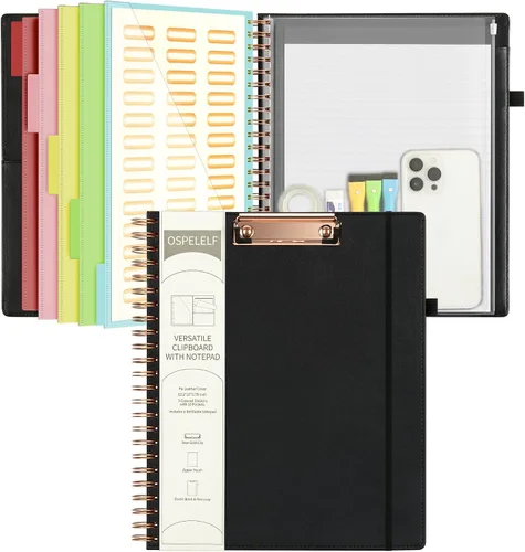 Miniatura 11 de Portapapeles de cuero Ospelelf con portafolio y bolsa con cremallera de almacenamiento, portapapeles espiral con bloc de notas para tamaño carta, 5