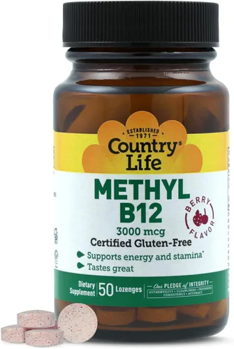 Country Life Pastillas Metil B-12 de 3000 mcg, veganas, metilcobalamina para energía y, de fácil absorción, vitamina B12, apoya los niveles de