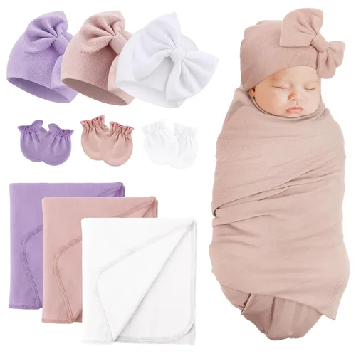 Miniatura 16 de DRESHOW BQUBO Manta para Recién Nacido con Sombrero de Moño y Guantes de Algodón, Manta de Envoltorio para Bebé Cálido, Saco de Dormir para Bebé
