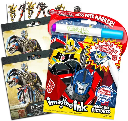 Transformers Imagine Ink - Juego de libro para colorear con más de 200 calcomanías de Transformers (incluye marcador sin desorden)