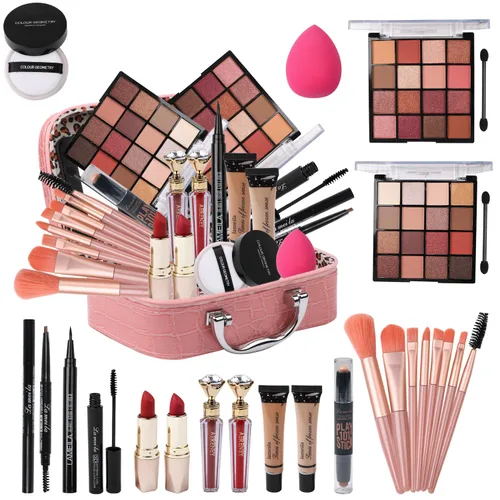 Kit de maquillaje todo en uno para niñas adolescentes, sombra de ojos de 2 x 16 colores, base líquida, lápices delineadores, barra de contorno, Rosa
