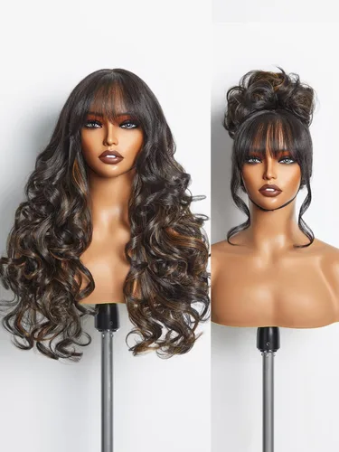 Miniatura 19 de GORGIUS Pelucas negras con flequillo, peluca ondulada larga de color negro natural sin pegamento para mujer, hecha con tecnología de archivo: fibra