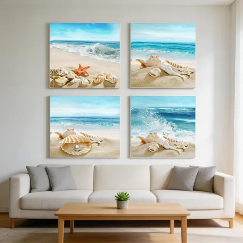 Miniatura 6 de Sandy Beach Shells - Lienzo con diseño de estrellas de mar y conchas de playa, arte de pared moderno, enmarcado para decoración de oficina en casa