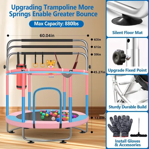 Miniatura 3 de 60" Toddler Trampoline for Kids, 5FT Adjustable Trampoline Indoor Outdoor with Enclosur Net, Mini Trampoline for Kids 3-10, 880lbs Capacity