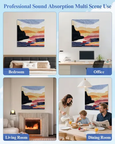 Miniatura 7 de Paquete de 4 paneles acústicos artísticos autoadhesivos para pared, 16 x 16 x 0.5 pulgadas, paneles acústicos decorativos para pared, paneles