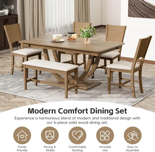 Miniatura 3 de Merax Juego de mesa de comedor de granja de 6 piezas, mesa de cocina media redonda de madera de 59.1 pulgadas con 4 sillas de comedor y banco largo
