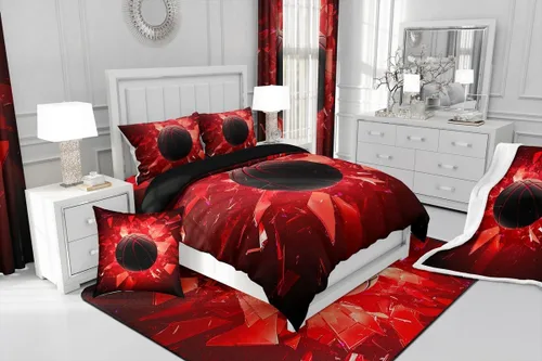 Miniatura 4 de Erosebridal Juego de funda de edredón de baloncesto, tamaño individual, color negro y rojo, juego de ropa de cama con bola 3D para niños, niños