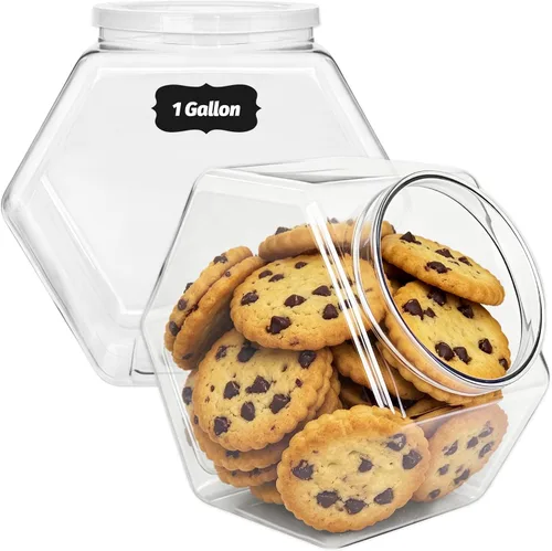 Woozettn 2 Pack Plastic Cookie Jars,1 Gallon Hexagon Candy Jars with Lid,Clear Hexagon Containers for Kitchen,Office,Dry Food,Snacks,Craft,Laundry