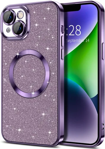 Miniatura 78 de Hython Funda para iPhone 13 Pro Max con purpurina, fundas magnéticas transparentes para teléfono con protector de lente de cámara