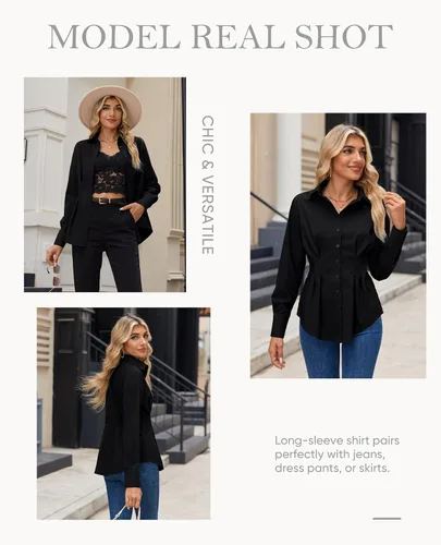 Miniatura 6 de siliteelon Camisas con botones para mujer, cintura ceñida, camisa de vestir de algodón de manga larga para negocios, casual, trabajo, oficina