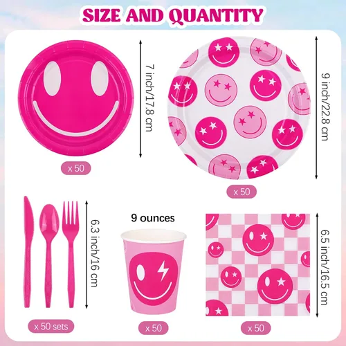 Miniatura 2 de Durony 350 Piezas Decoraciones de Cumpleaños Preppy Suministros de Fiesta Disco Cowgirl para 50 Invitados Platos de Papel Sonrisa Cara Rosa, Copa
