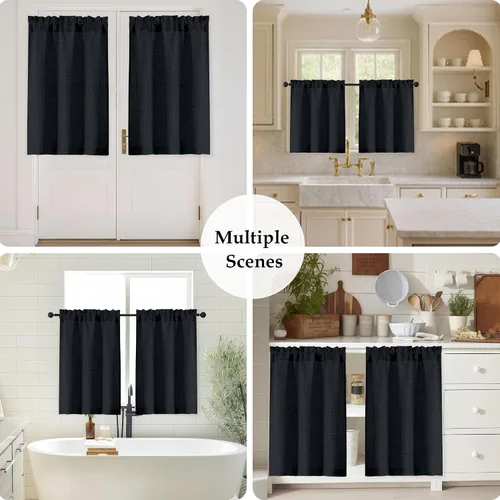 Miniatura 6 de OWENIE Cortinas de Cocina Negras Sobre Fregadero de 24 Pulgadas de Largo, Juego de 2 Paneles, Cortinas Cortas de Café con Textura Filtrante de Luz