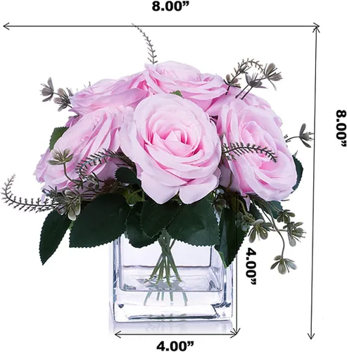 Miniatura 4 de ENOVA FLORAL Flores artificiales de seda de 9 cabezas en jarrón, arreglo de flores artificiales de rosa rosa en jarrón con agua sintética