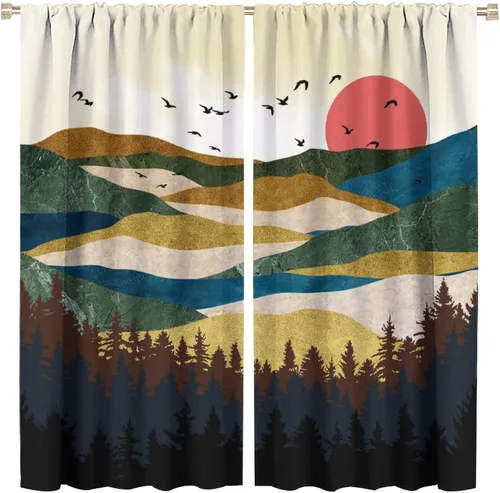 Miniatura 24 de Cortinas opacas con bolsillo para cortinero de montaña forestal, para sala de estar, oscurecimiento de la habitación, estilo japonés, paisaje