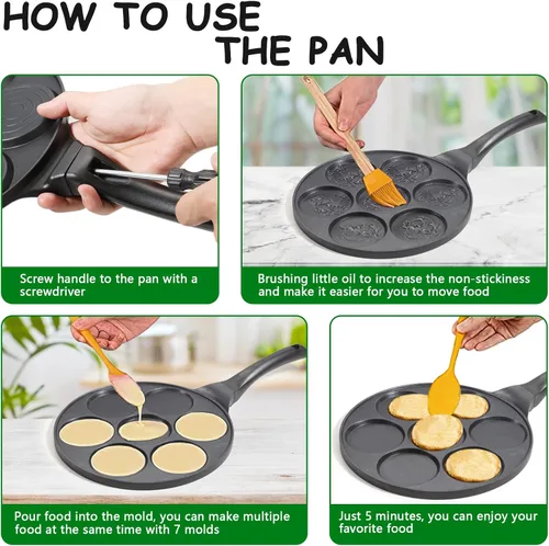 Miniatura 3 de Sartén antiadherente para hotcakes con diseño de parrilla de 7 moldes, mini fabricante de hotcakes con revestimiento libre de PFOA - Negro
