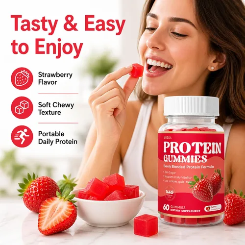 Miniatura 4 de Gomitas de proteínas, 5.08 oz de proteína por botella, cero azúcar, bajas en calorías, proteína para vitalidad diaria, sin culpa y fácil de Rojo