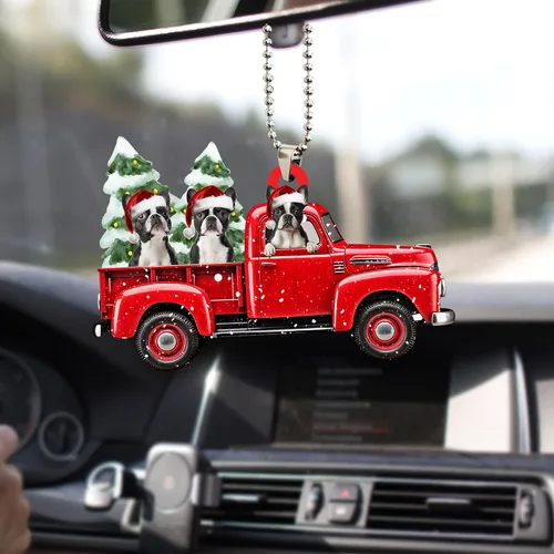 Miniatura 6 de Talataca Boston Terrier con camión rojo de Navidad, árbol de pino, regalo 2D plano para espejo retrovisor, accesorios para el árbol de Navidad