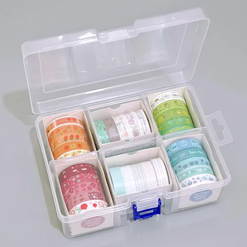 Miniatura 4 de Caja de almacenamiento de cinta Washi, caja de plástico con 6 compartimentos y ranuras de rejilla para joyería, herramienta de cuentas para cinta