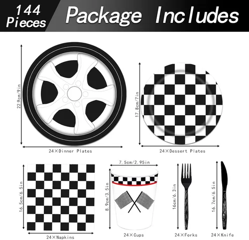 Miniatura 2 de 144 piezas de suministros de fiesta de cumpleaños de coches de carreras para niños, juegos de vajilla de coches de carreras en blanco y negro a