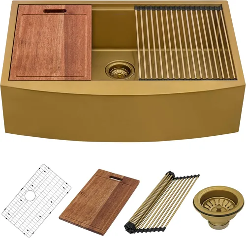 Miniatura 3 de Ruvati RVH9207GG RVH9207GG - Fregadero de cocina con estación de trabajo dorado mate de 33 pulgadas, de acero inoxidable en tono latón con acabado