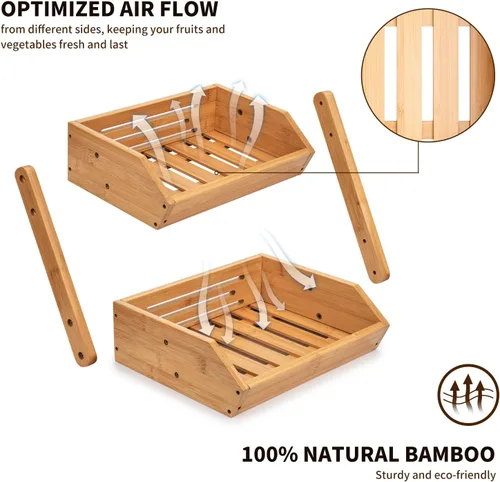 Miniatura 5 de Cesta de frutas de 2 niveles para cocina, soporte de bambú para almacenamiento de frutas y verduras para encimera de cocina, cesta de productos