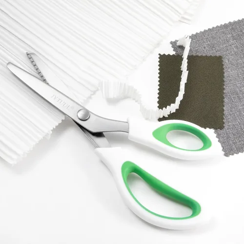 Miniatura 9 de Tijeras de tinta verde de 9.5 pulgadas, tijeras de acero inoxidable afiladas para manualidades en zigzag para tela, papel y cuero, agarre cómodo