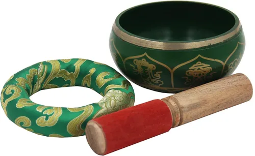 Miniatura 3 de DharmaObjects Mediano ~ Juego de cuencos cantantes Om ~ Con mazo, cojín de brocado y bolsa de transporte ~ Para meditación, curación de chakras