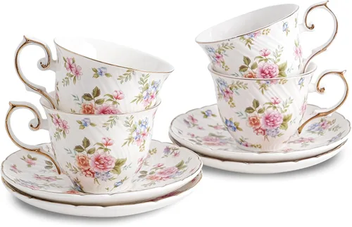 Miniatura 8 de Agyiuns tazas y platillos de cerámica para café, 6oz, taza de café para café, latte, café moca y té - Juego de 4 (Flores grandes - Juego de 4)