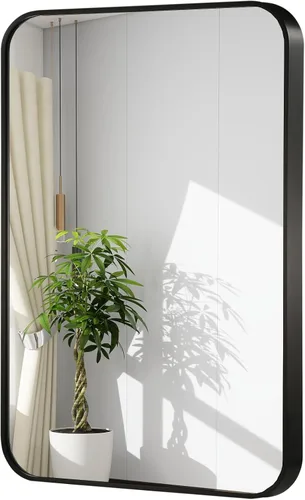 Espejo de pared negro de 20 x 30 pulgadas para baño, espejo con marco de metal cepillado con esquina redondeada, espejo rectangular de tocador de