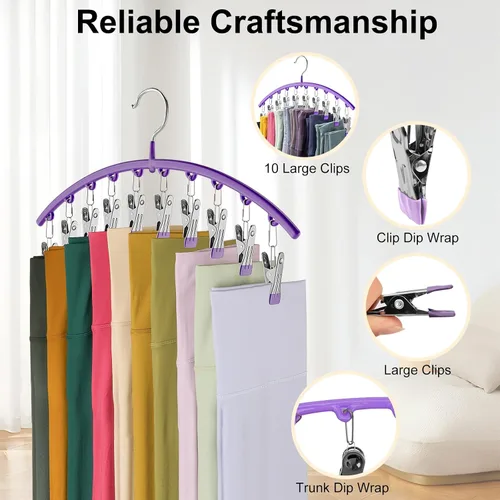 Miniatura 5 de Organizador de leggings para armario, colgador de metal para pantalones de yoga con revestimiento de goma, paquete de 2 con 10 clips para 20 Morado