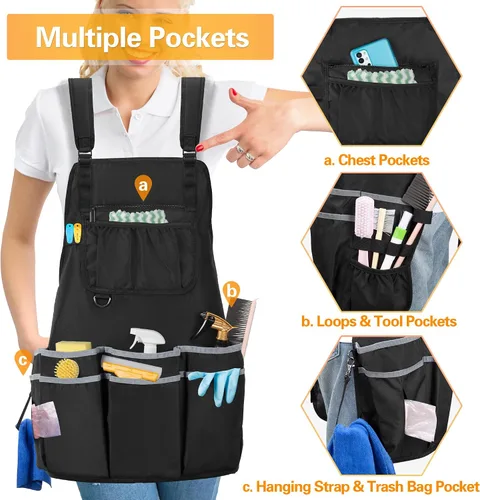 Miniatura 3 de HODRANT Delantal de limpieza grande con correas de hombro dobles, delantal de limpieza de la casa con múltiples bolsillos para suministros