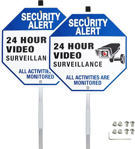 Security Alert - Letrero de videovigilancia de 24 horas con estaca, señal de advertencia de metal reflectante para CCTV al aire libre, azul, 10 x 10