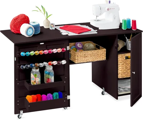 Miniatura 15 de Best Choice Products Mesa de costura plegable grande, estación de manualidades portátil multiusos y escritorio lateral con diseño compacto, ruedas