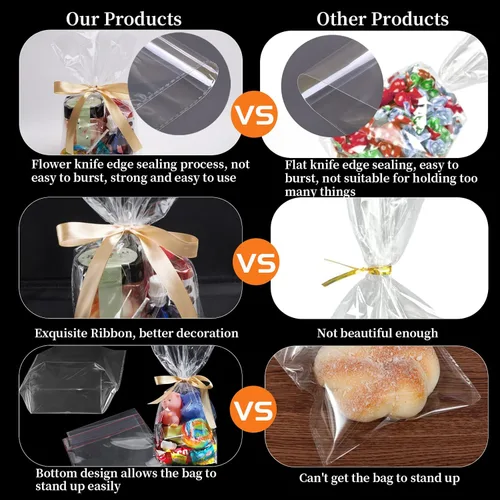 Miniatura 3 de Giftvest 50 bolsas de celofán transparente con fuelle de 6 x 9 pulgadas, bolsas de plástico para envolver regalos con cinta de satén dorada